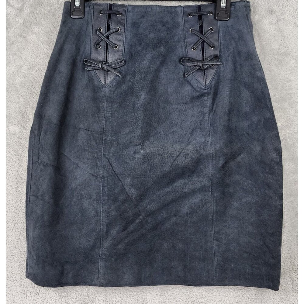 Silverleaf Skirt Womens Size 9/10 Black Suede Leather Lace Up Retro Mini Vintage